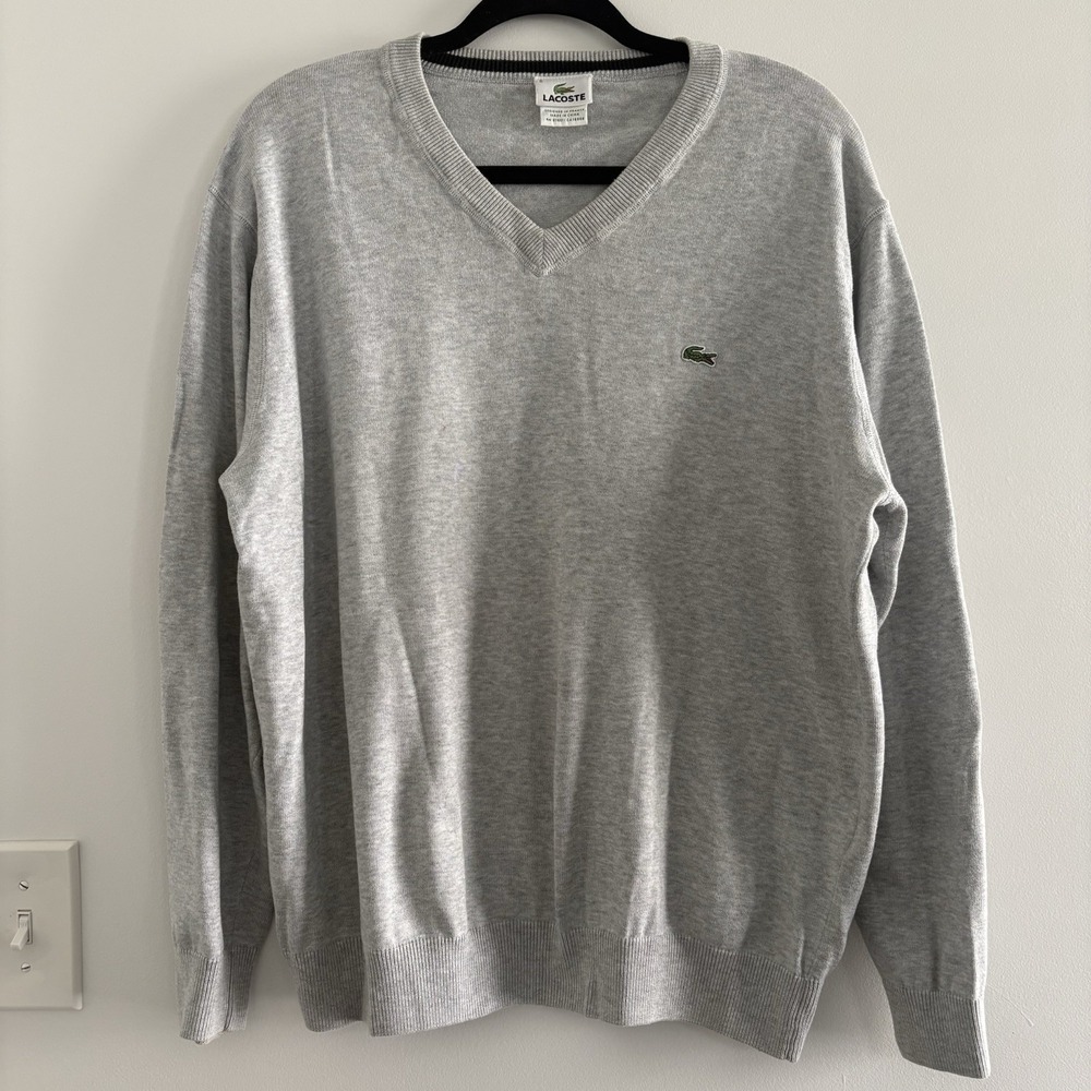 Lacoste Men's Gray classic Designer V neck pullover sweater Size 6 L